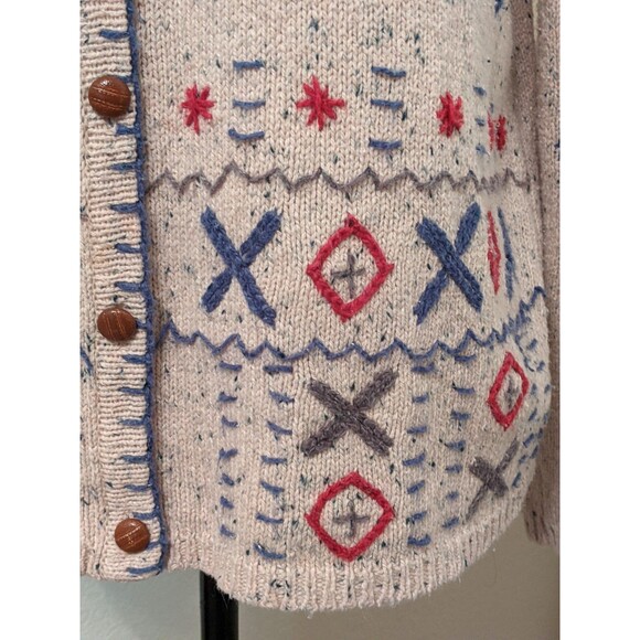 Vintage Cardigan Ivory with Handsewn Accents Size L - Picture 4 of 8